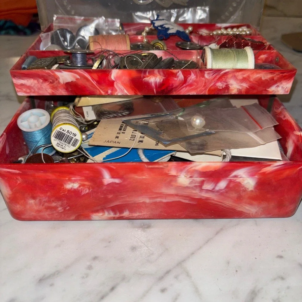 Vintage Red Marbled Sewing Box with Cats Yarn Lid and Notions Thread Needles Kit